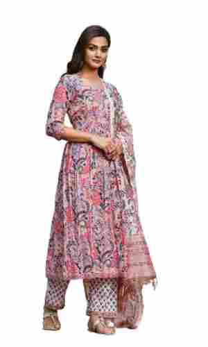 Easily Washable Round Neck 3/4th Sleeves Printed Cotton Chanderi Suit For Women 