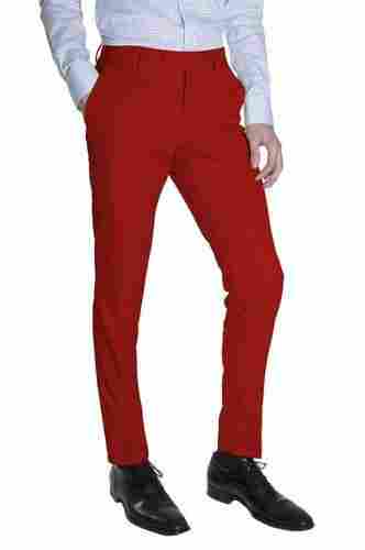 Fit Button And Zip Fastening Red Poly Rayon Plain Formal Trousers