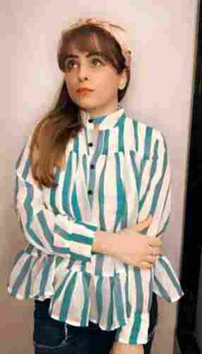 White And Blue Striped Full Sleeve Modular Party Wear Cotton Ladies Shirt 