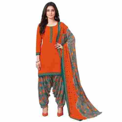 Women'S 3/4th Sleeves Cotton Fabric Orange Salwar Suit, Packed In Poly Bags