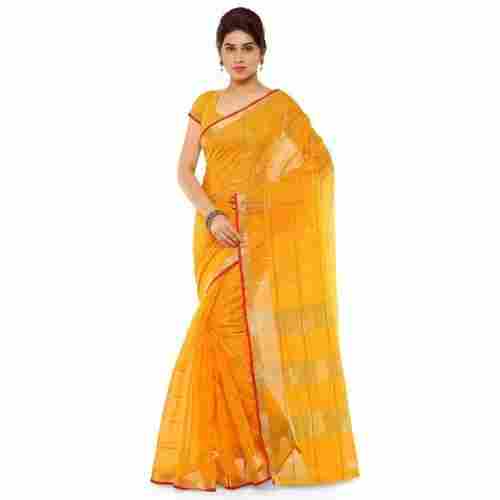 Cotton Silk Banarasi Style Striped Pattern Party Wear Yellow And Red Saree