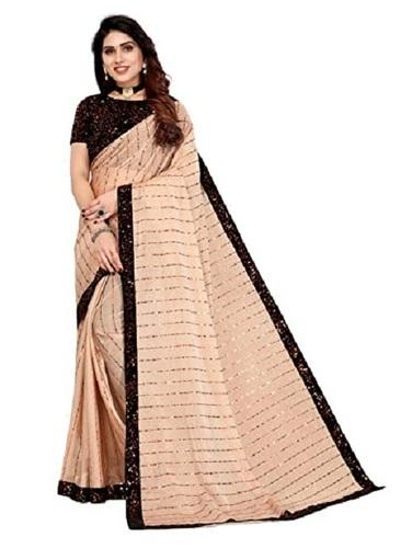 Ladies Stylish Lace Bordered Chiffon Sequin Saree For Party Wear With Unstitched Blouse 