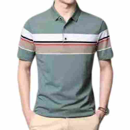 Skin-Friendly Half Sleeve Polo Neck Striped Cotton T Shirts For Men