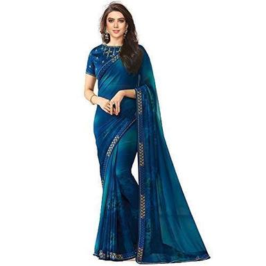 Womens Party Wear Lace Border Plain Chiffon Saree With Unstitched Blouse
