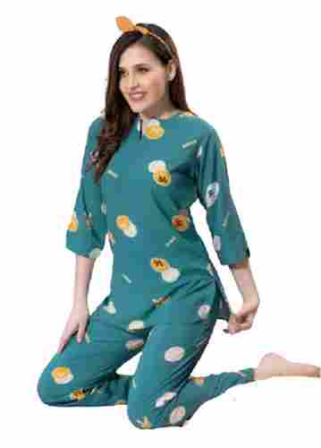 Machine Embroidered Breathable And Printed Trendy Rayon Silk Night Suit For Ladies