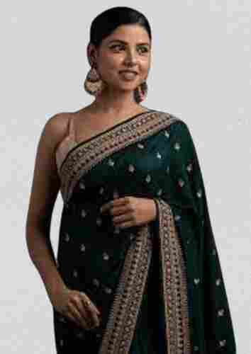 Printed Georgette Patch Worked Dark Green Saree For Woman