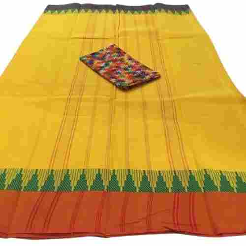 Yellow Green And Orange Ethnic Wear With Blouse Piece Cotton Saree