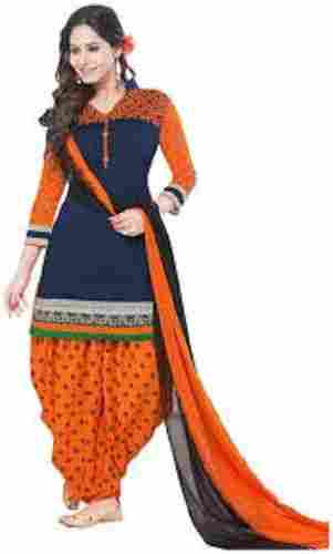 Lightweight Comfortable Designer Blue And Orange Color Cotton Salwar Suit