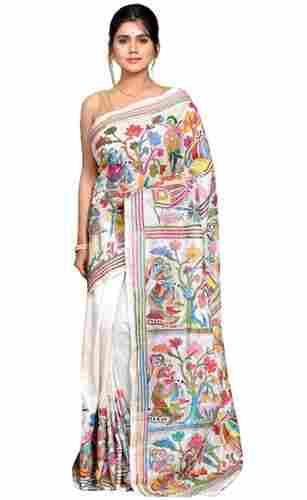 5.5 Meter Party Wear Bollywood Printed Silk Kantha Stitch Saree