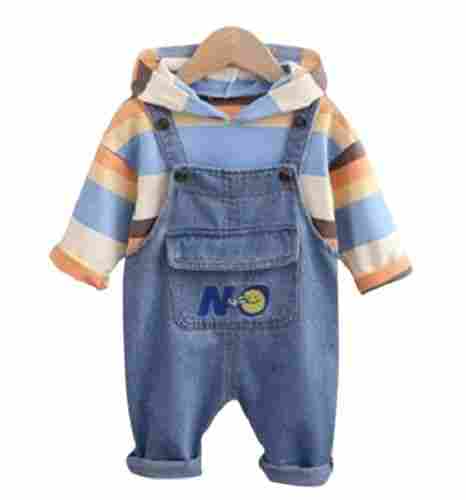 Full Sleeves O Neck And Hoodie Breathable Cotton And Denim Kids Dungaree Set