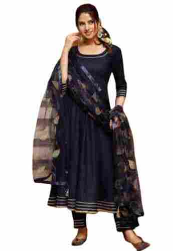 Ladies Party Wear 3/4th Sleeve Blue Round Neck Anarkali Dress