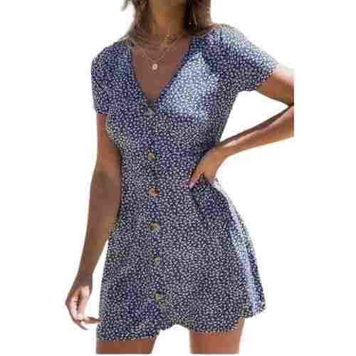Casual Wear V Neck Short Sleeves Printed One Piece Ladies Dress