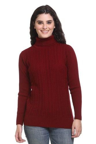 Women Long Sleeves Computer Knitted Maroon Wool Sweater