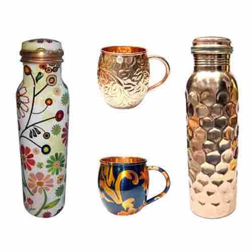 Printed And Hammer Copper Water Bottle And Cups For Home And Gifting