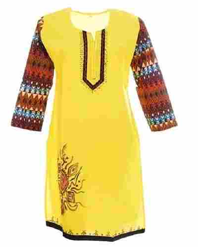 Ladies Yellow With Multi Color Pattern Full Sleeve Cotton Kurtis