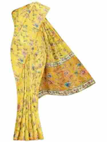 Ladies Casual Wear Printed Yellow Floral Print Chiffon Saree