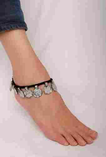 Unique And Bold Silver Tribal Coins Design Black Thread Anklet