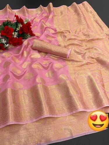 Peach Ladies Traditional Festive Wear Pink Pure Organza Silk Sarees