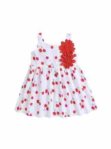 Girls Sleeveless White With Red Printed Cotton Kids Frocks