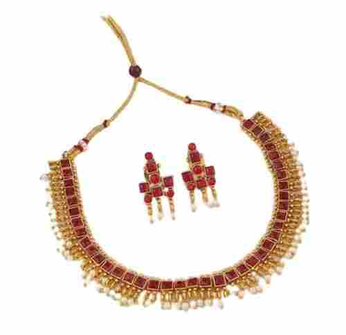 Gold Plated Red Ruby and Pearl Decor Necklace Set