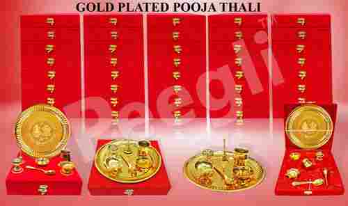 Gold Plated Pooja Thali Set 7 Pieces with Red Velvet Box