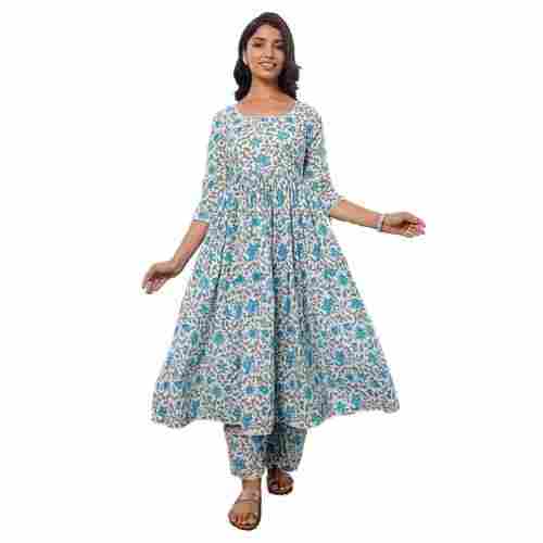 Ladies Multicolour Printed 3/4th Sleeves Frock Cotton Kurti