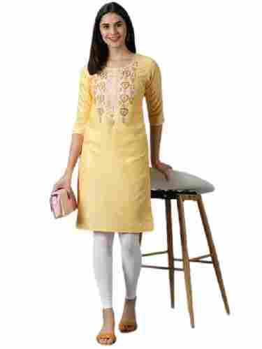 Casual Wear Regular Fit 3/4th Sleeve Round Neck Embroidered Yellow Kurtis For Ladies