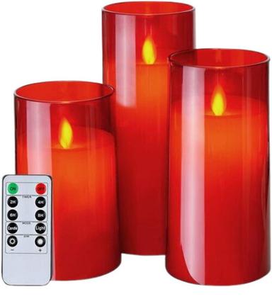  आर्किलिक ग्लास LED लाइट कैंडल - लाल (3- D3"x H4" 5"6" का सेट) 