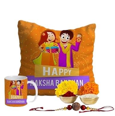 Rakhi Gift Sets Printed Cushion with Mug Rakhi Roli