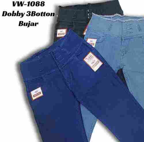 Ladies Dobby Knitted Fabric 3 Button Front Jeans