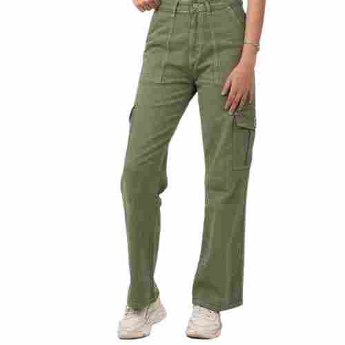Ladies Plain Casual High Waist Green Denim Cargo Pant