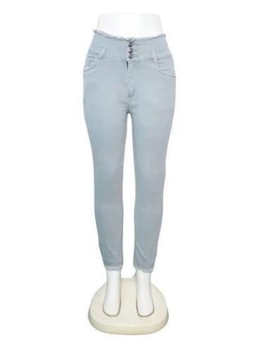 Grey Color Plain Pattern Ladies Stretchable Denim Jeans