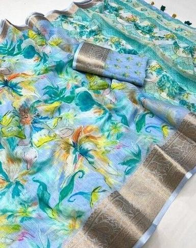 Multi Color Ladies Digital Printed Linen Saree With Blouse Piece