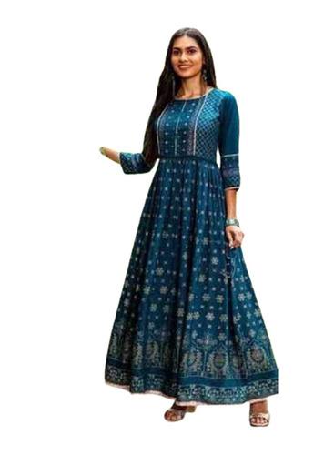 Casual Wear Regular Fit 3/4th Sleeves Round Neck Printed Readymade One Piece Long Gown for Ladies