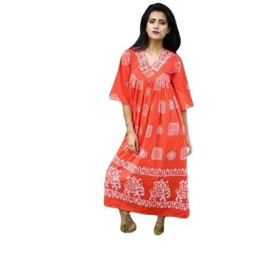 Multi Color Short Sleeves Ankle Length Printed Batik Kurta