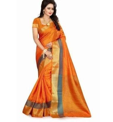 Orange Pure Cotton Fabric Ladies Trendy Saree