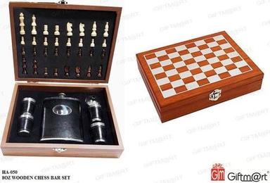 Silver Stainless Steel 8 Oz Leather Hip Flask Set With Wooden Chess