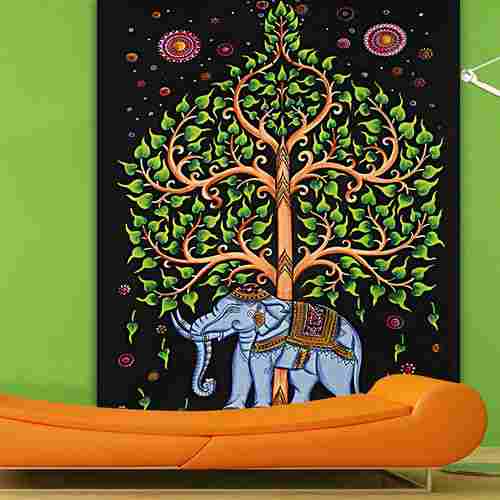 Elephant Tree Of Life Design Indian 100% Cotton Handmade Multi-color Tapestry