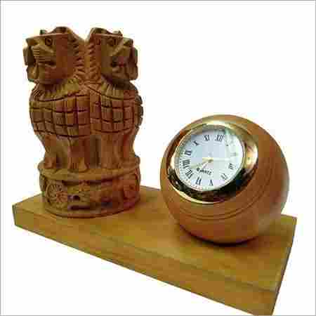 Wooden Ashoka Pen stand with Watch