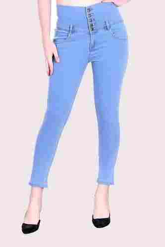Light Blue Color Stretchable High Waist Slim Fit Jeans For Girls