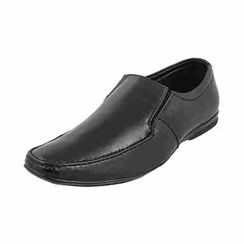Global Rich Leather Mens Black Formal Shoes With Slip-On Round Toe