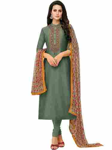 Olive Green Color Chanderi Silk Printed Semi-Stitched Salwar Suit For Ladies