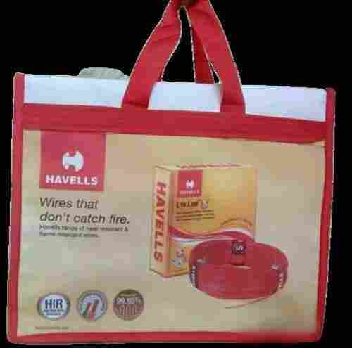 Tear Resistance Light Weight Cream And Red Havells Print Zipper Top Jute Shopping Bag