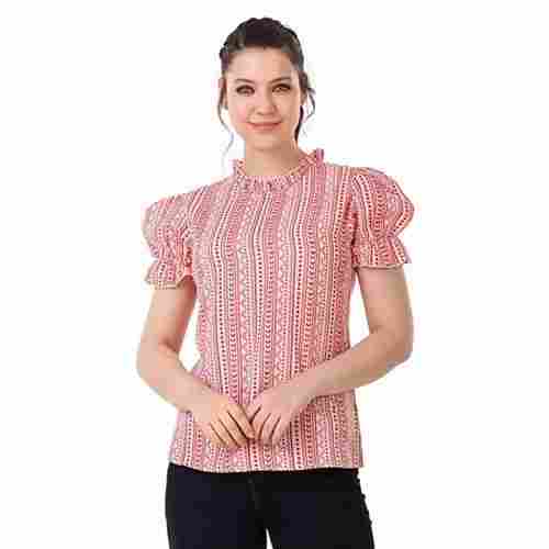 Women Balloon Puff Sleeve Casual Wear Comfortable Printed Cotton Pink Top