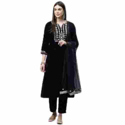  Royal Black Velvet Fabric Hand Work Kurta Pant With Net Dupatta Set For Woman