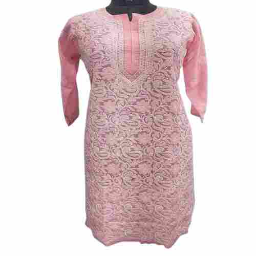 Ladies 3/4th Sleeves Pink Designer Fancy Voil Jall Kurti With Embroidered Work
