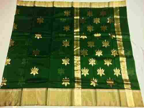 Party Wear Zari Work Green Printed Chanderi Silk Sarees For Ladies