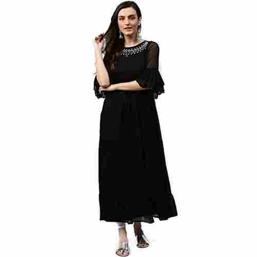 Modern Style Fancy Designer 3/4 Sleeves Chiffon Fabric Plain Black Long Dress