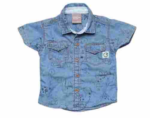 Kids Causal Wear Breathable Double Pockets Half Sleeves Printed Denim Shirts