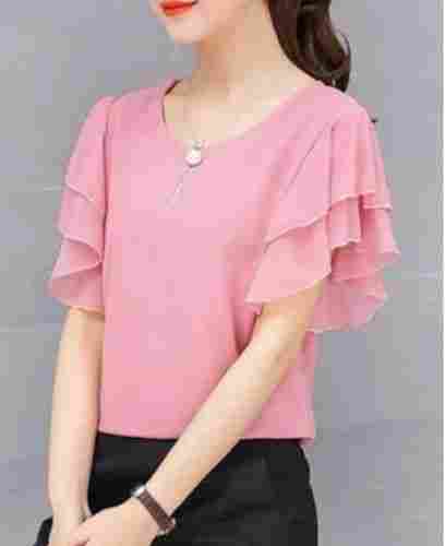 Washable And Breathable Short Sleeve Plain Pattern Ladies Tops